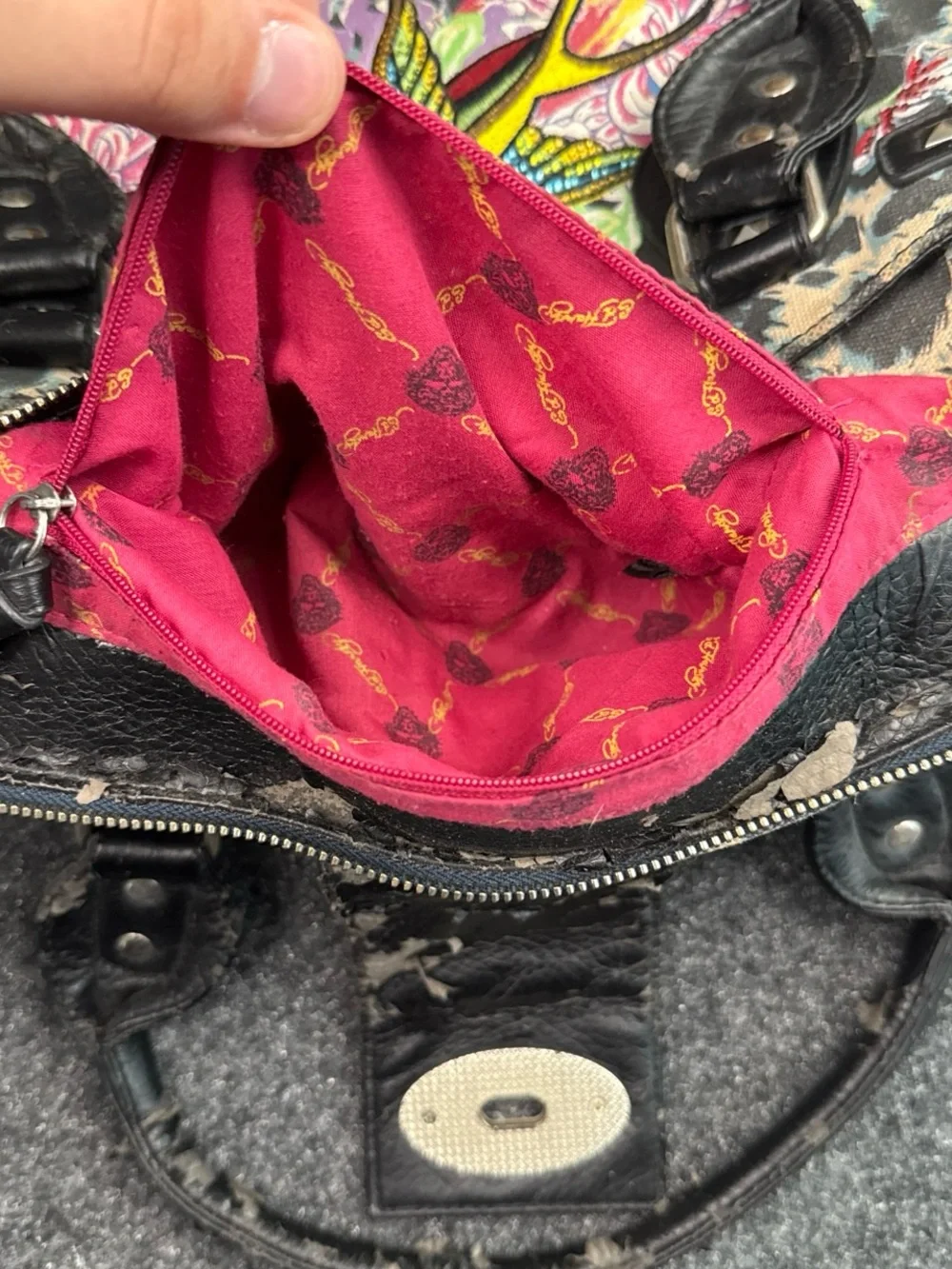 Ed Hardy Y2K Vintage Black Trim Multicolor Embroidered Bird Satchel
